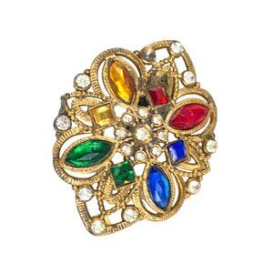 Vintage Multicolor Rhinestone & Gold-Tone Filigree Flower Dress Clip 1940s Spark
